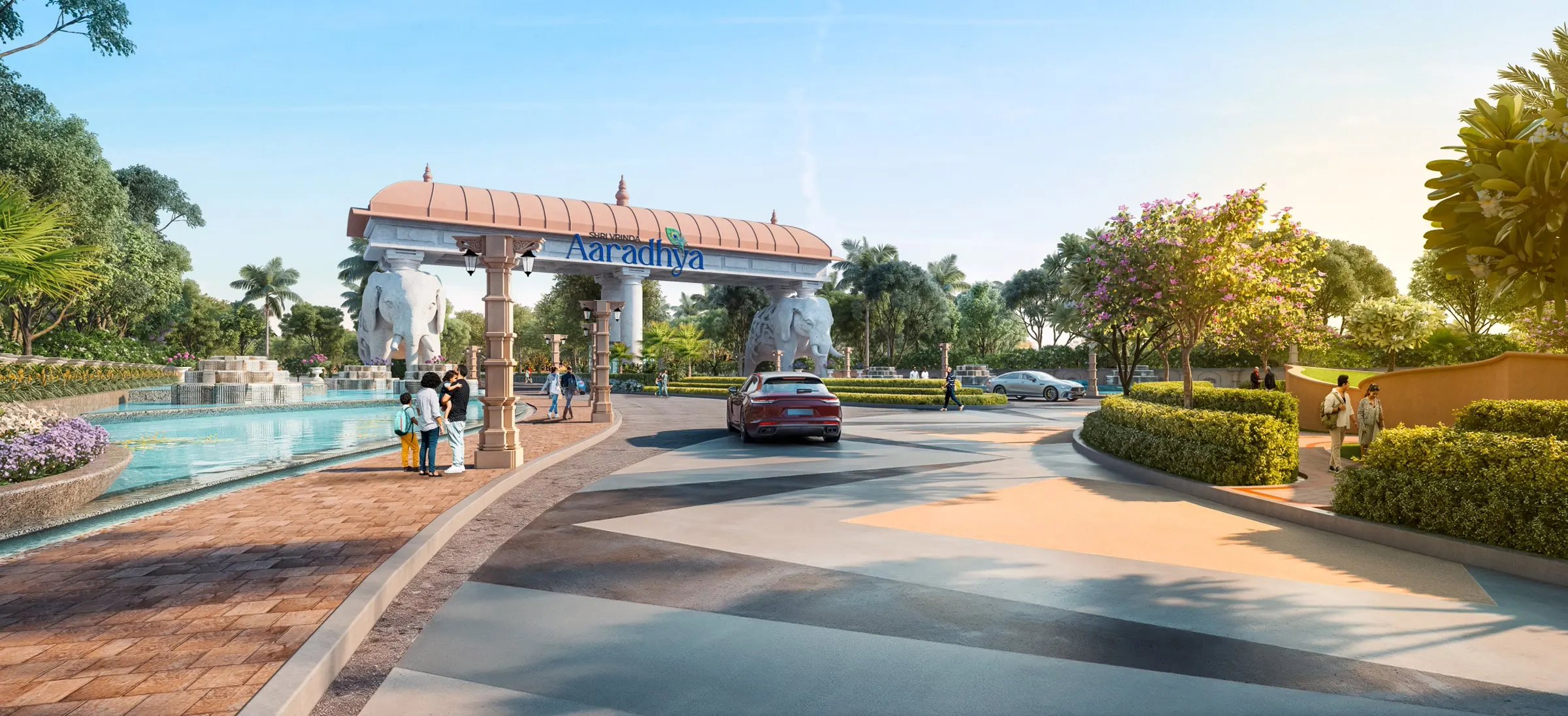 Grand landscaped entrance boulevard at Shri Vrinda Aaradhya